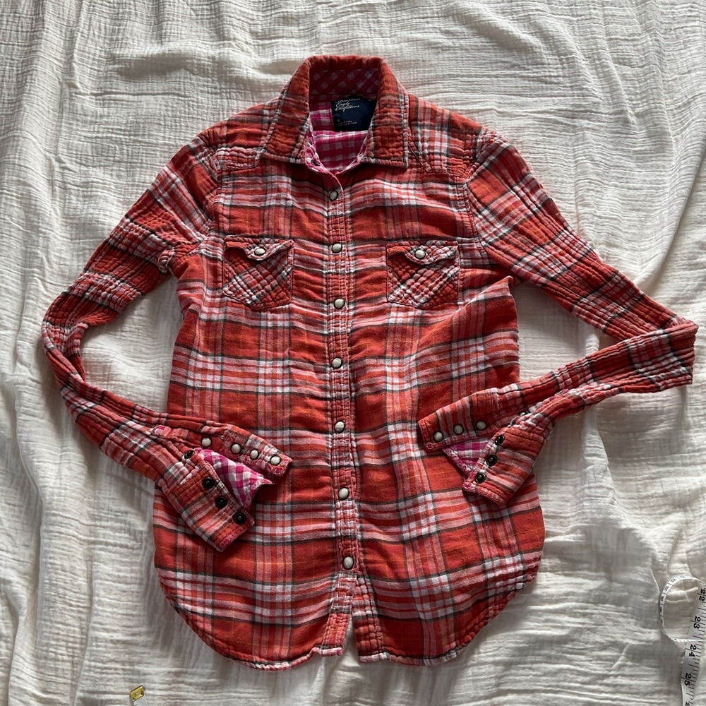 American Eagle Button Shirt Plaid Cotton Red Western Snap Flannel kids 6